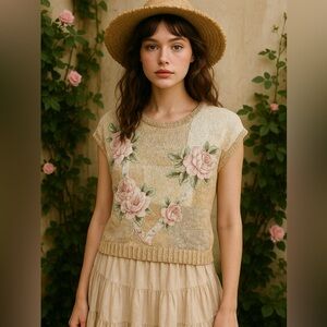 Vintage Floral Appliqué Knit Cottagecore Sweater Vest Top